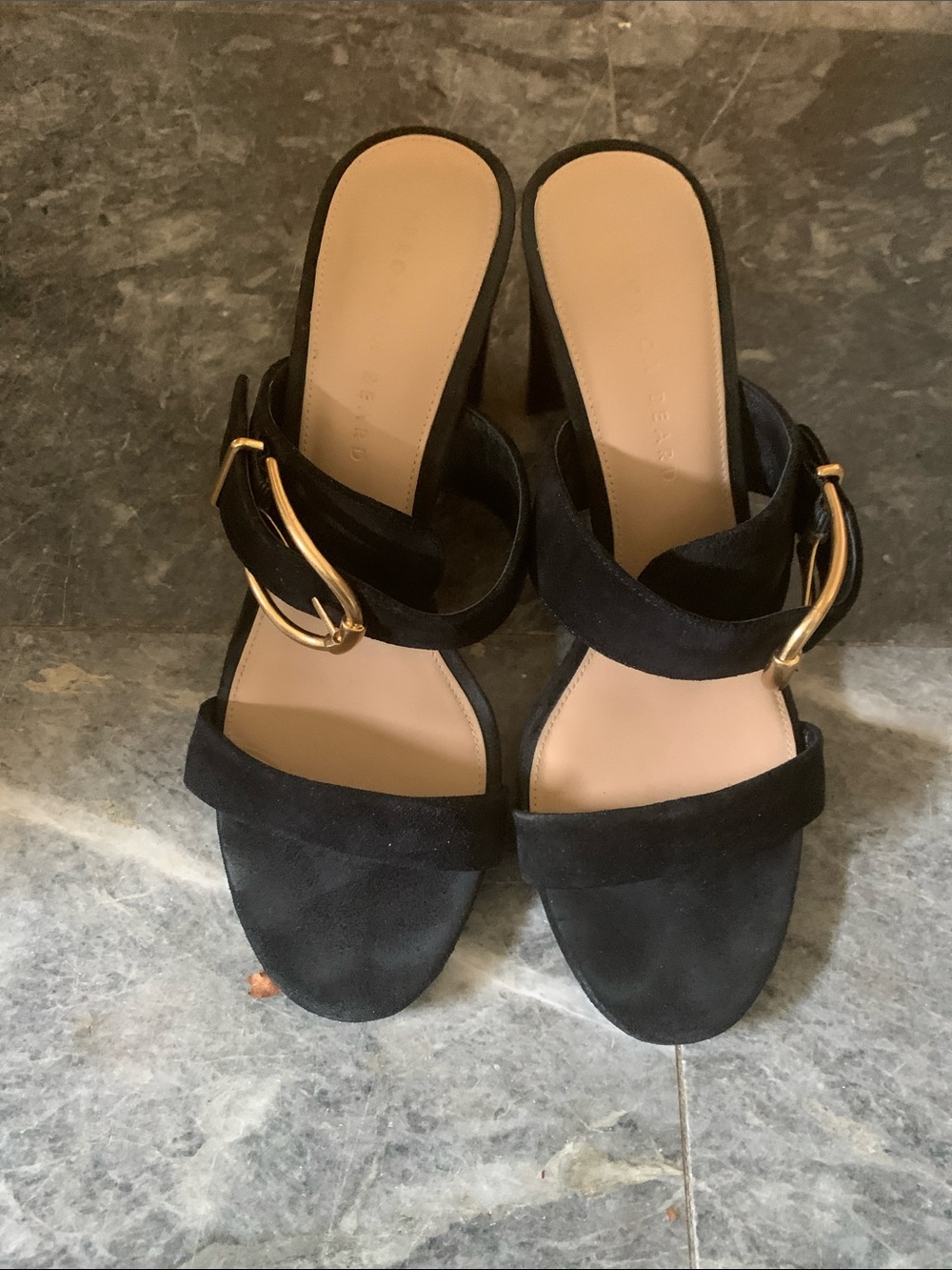 Veronica Beard Black Suede Open-Toe Block Heel Sandals with Gold Buckle